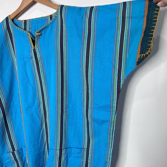 Shanzu Tunic Poncho Coverup Boho Fringe Striped Box Fit Blue Yellow Women's OS - Picture 2 of 8